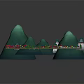 3D Model Village Scene With Green Mountains And Colorful Traditional Buildings