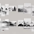 Chinese Ink Landscape Paintings With Mountains Water Flying Birds And Red Sun Boat