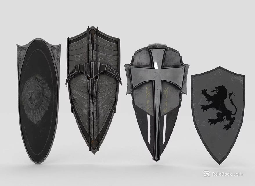 Medieval Weapons Shields With Different Designs Lion Emblem And Cross Patterns 3d model 