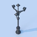 Outdoor Decorative Lamp Post with Multiple Pointed Top Lights and Blue Sky Background