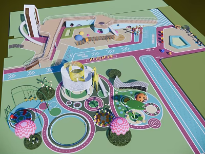 Colorful Children's Play Area Featuring Circular Structures Decorative Mushroom Shapes Vibrant Ground Patterns And Greenery 3d model