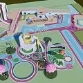 Colorful Children's Play Area Featuring Circular Structures Decorative Mushroom Shapes Vibrant Ground Patterns And Greenery