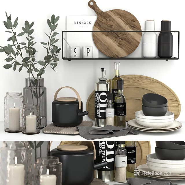 Modern Kitchenware Display With Teapot Oil Bottles Bowls Wooden Tray And Green Plant 3d model 