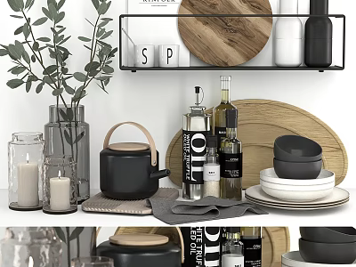 Modern Kitchenware Display With Teapot Oil Bottles Bowls Wooden Tray And Green Plant 3d model