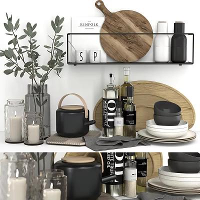 Modern Kitchenware Display With Teapot Oil Bottles Bowls Wooden Tray And Green Plant 3d model