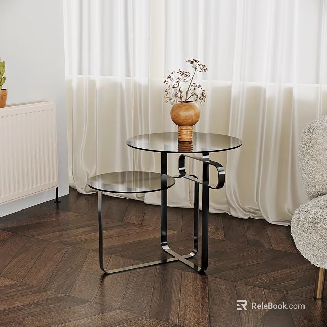 Modern Glass Top Side Table with Metal Frame by Curtains and Dried Flower Vase 3d model 