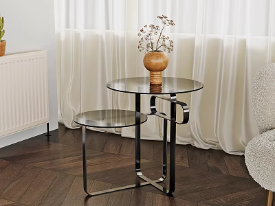 Modern Glass Top Side Table with Metal Frame by Curtains and Dried Flower Vase 3d model
