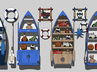 Nautical Themed Boat Shaped Storage Shelves in Blue Brown with Toys Teddy Bears Basketballs 3d model