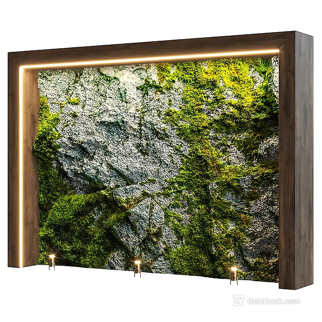 Natural Moss Covered Stone Wall Design With Wooden Frame And Built In Lighting 3d model 