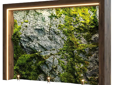 Natural Moss Covered Stone Wall Design With Wooden Frame And Built In Lighting 3d model