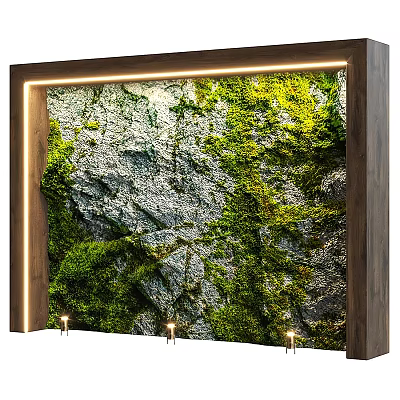 Natural Moss Covered Stone Wall Design With Wooden Frame And Built In Lighting 3d model