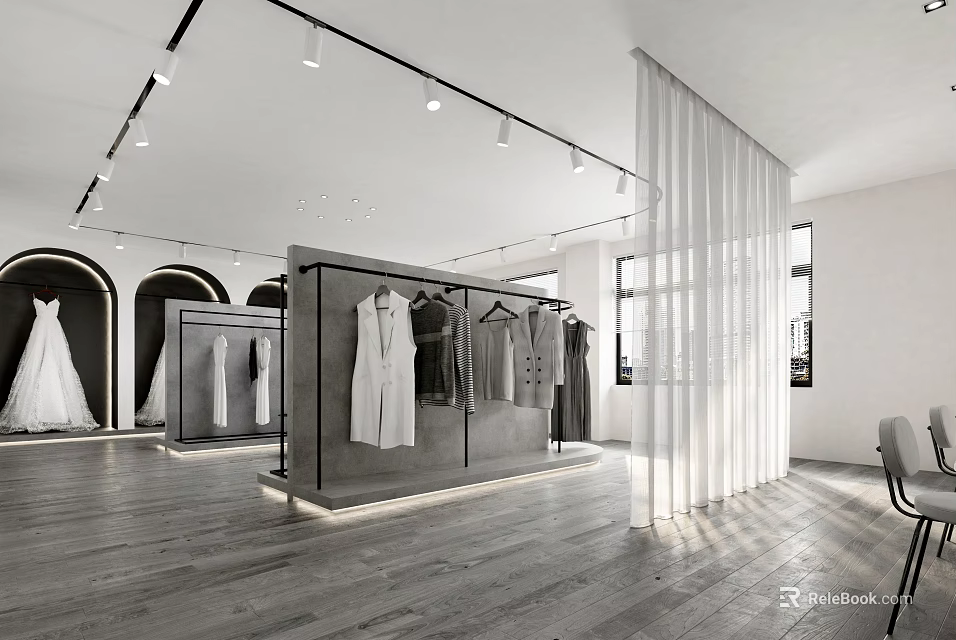 Modern Bridal Shop Interior Featuring Wedding Dresses On Display Racks With Lighting And Wooden Floors 3d model 