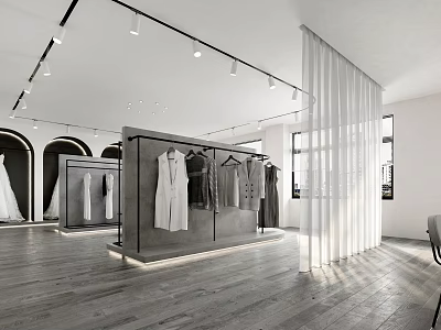 Modern Bridal Shop Interior Featuring Wedding Dresses On Display Racks With Lighting And Wooden Floors 3d model