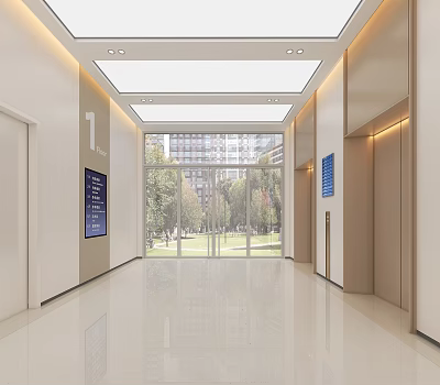 Modern Elevator Hallway With Bright Lighting Polished Tiles Blue Signage And Green View Outside Window 3d model