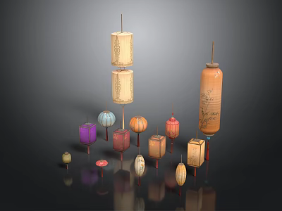 Traditional Colorful Decorative Lanterns With Various Sizes And Artistic Patterns 3d model