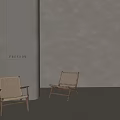 Minimalist Rattan Weave and Solid Wooden Frame Leisure Chairs with Light Shadow on Wall Background