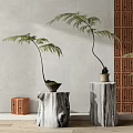 Bonsai Potted Plants Placed On Wooden Stumps With Woven Screen In Natural Interior