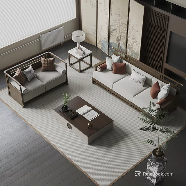 Modern Sofa and Coffee Table Set Interior With Wooden Frame Fabric Cushions And Decorative Pillows 3d model 