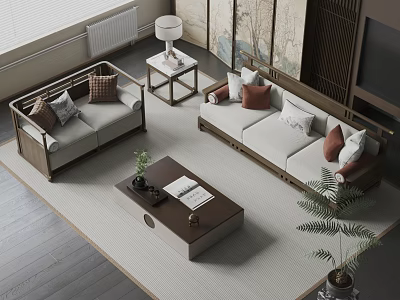 Modern Sofa and Coffee Table Set Interior With Wooden Frame Fabric Cushions And Decorative Pillows 3d model