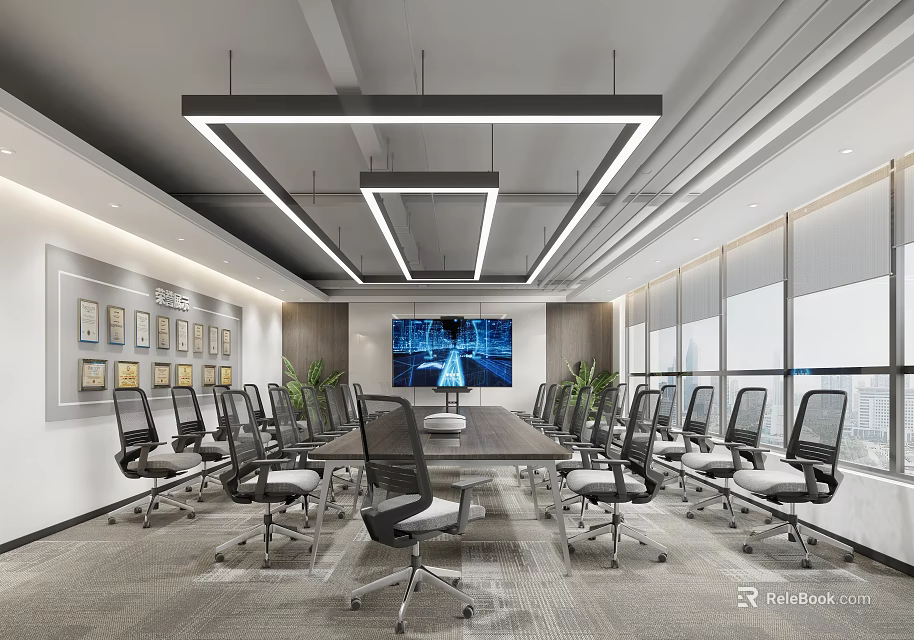 Modern Conference Room Interior With Long Table Office Chairs Large Windows And Decorative Paintings 3d model 