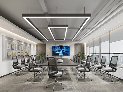 Modern Conference Room Interior With Long Table Office Chairs Large Windows And Decorative Paintings 3d model