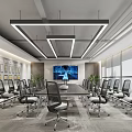 Modern Conference Room Interior With Long Table Office Chairs Large Windows And Decorative Paintings