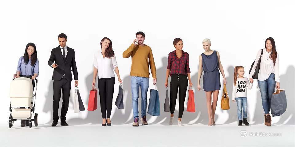 Group of Diverse People Carrying Shopping Bags Standing in a Row 3d model 