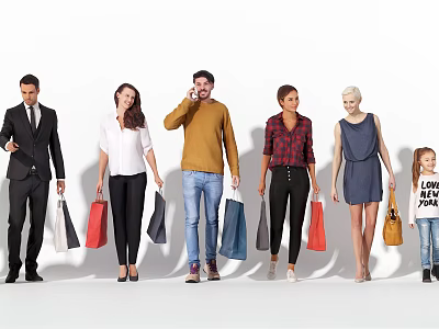 Group of Diverse People Carrying Shopping Bags Standing in a Row 3d model