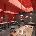 Modern Red Hotpot Restaurant Interior With Wooden Tables Leather Chairs And Pendant Lights