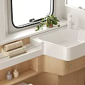 Modern Bathroom Interior With White Sink Wooden Cabinets Towel Rack Green Plants And Folded Towels