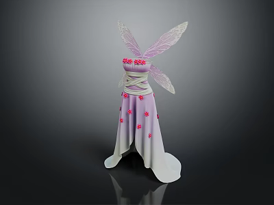Elegant Purple And White Gradient Fairy Dress With Pink Floral Patterns And Transparent Wings 3d model