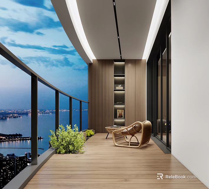 Modern Home Balcony With Wooden Floor Comfortable Chair Green Plants And City View 3d model 