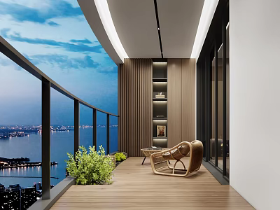Modern Home Balcony With Wooden Floor Comfortable Chair Green Plants And City View 3d model