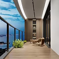 Modern Home Balcony With Wooden Floor Comfortable Chair Green Plants And City View