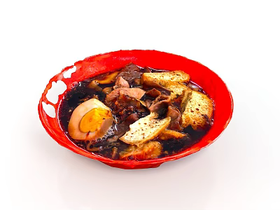 Delicious Dark Soup With Sliced Meat Half Marinated Egg And Croutons In Red Bowl 3d model