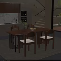 Modern Dining Room With Wooden Table Chairs Vase Fruit Staircase And Glass Doors