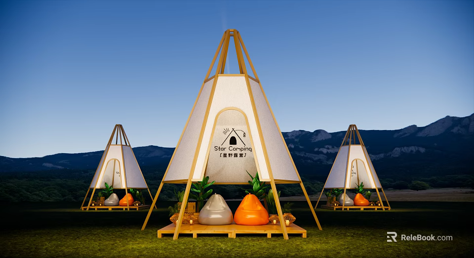 Sun Camping Site With Teepee Tents Wooden Frames Green Grassland And Mountain Backdrop 3d model 