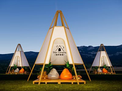 Sun Camping Site With Teepee Tents Wooden Frames Green Grassland And Mountain Backdrop 3d model