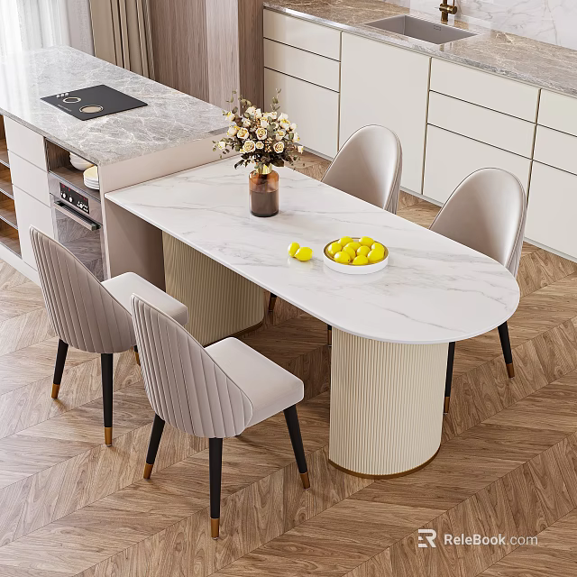 Oval Dining Table Set With Marble Top White Base And Light Gray Striped Chairs 3d model