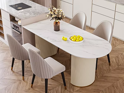Oval Dining Table Set With Marble Top White Base And Light Gray Striped Chairs 3d model