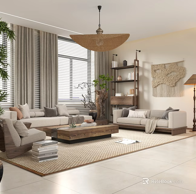 Natural Living Room Interior With Sofa Coffee Table Rug Wooden Shelf And Woven Chandelier 3d model 
