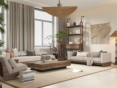 Natural Living Room Interior With Sofa Coffee Table Rug Wooden Shelf And Woven Chandelier 3d model
