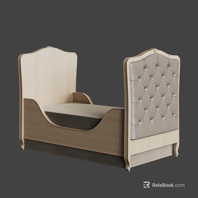 Single Bed With Light Wooden Frame And Tufted Gray Upholstered Headboard 3d model