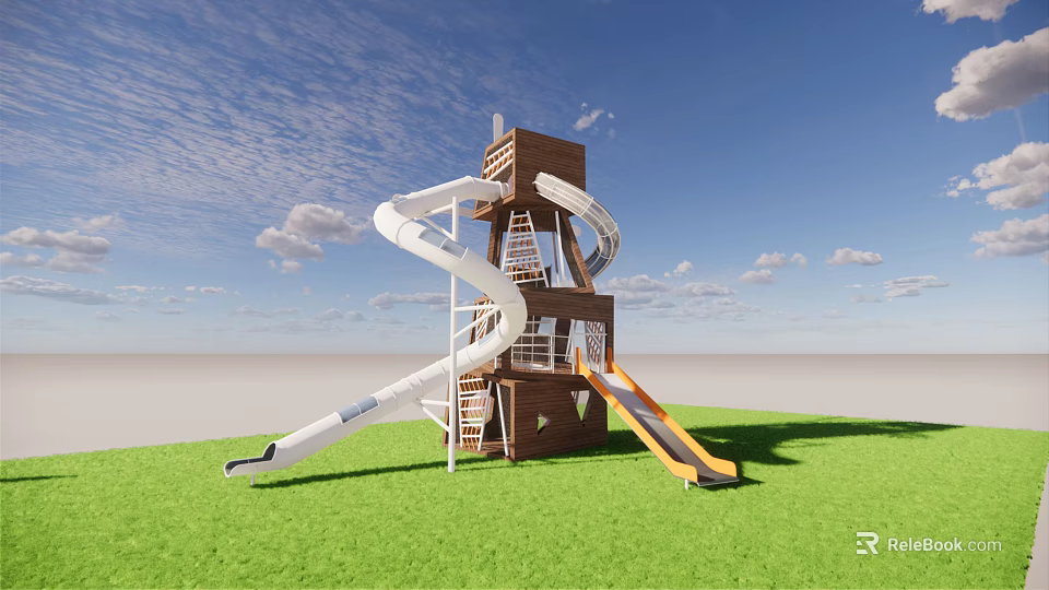 Playground Equipment With Brown Tower Stairs White Spiral Yellow Straight Slides And Green Grass 3d model 