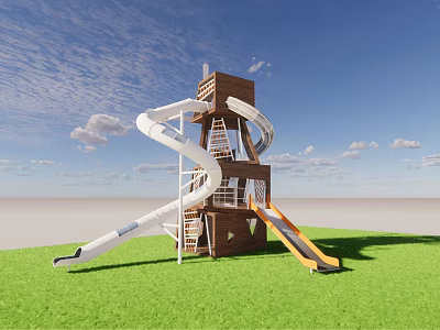 Playground Equipment With Brown Tower Stairs White Spiral Yellow Straight Slides And Green Grass 3d model