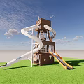 Playground Equipment With Brown Tower Stairs White Spiral Yellow Straight Slides And Green Grass