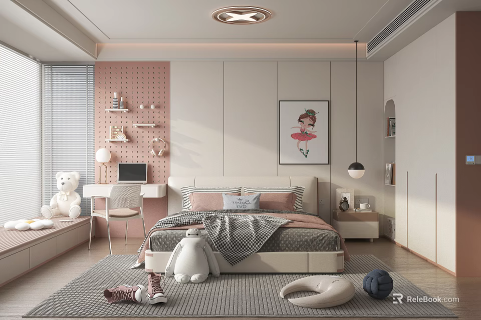 Cozy Children's Room Interior With Bed Pillows Stuffed Toys Decorative Painting And Shelves 3d model 
