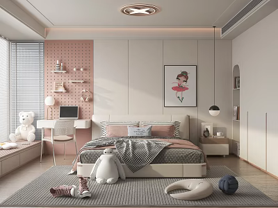 Cozy Children's Room Interior With Bed Pillows Stuffed Toys Decorative Painting And Shelves 3d model
