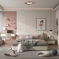 Cozy Children's Room Interior With Bed Pillows Stuffed Toys Decorative Painting And Shelves