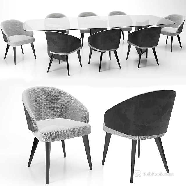 Modern Dining Table Set With Glass Top Gray Black Curved Back Chairs And Black Legs 3d model 